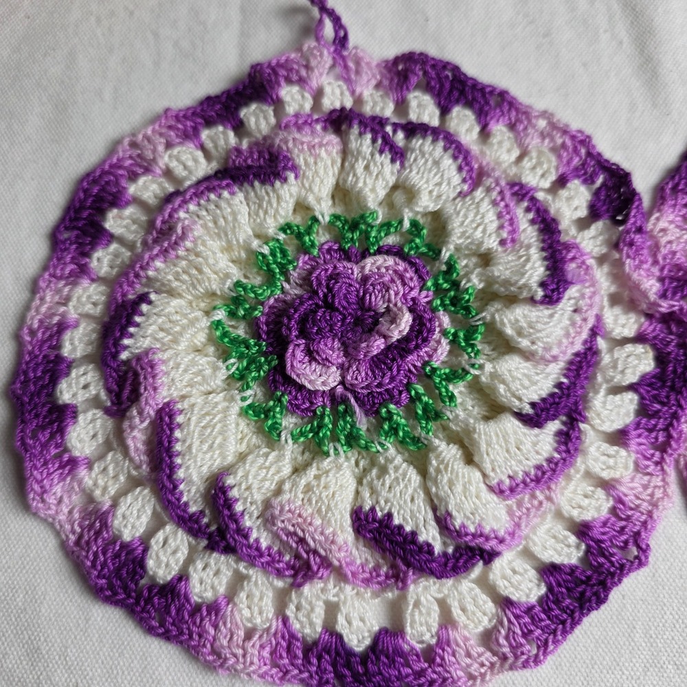 Handmade Crochet Potholders Set of 2 Purple White Floral Rose Pinwheel Hot Pads - Picture 2 of 6